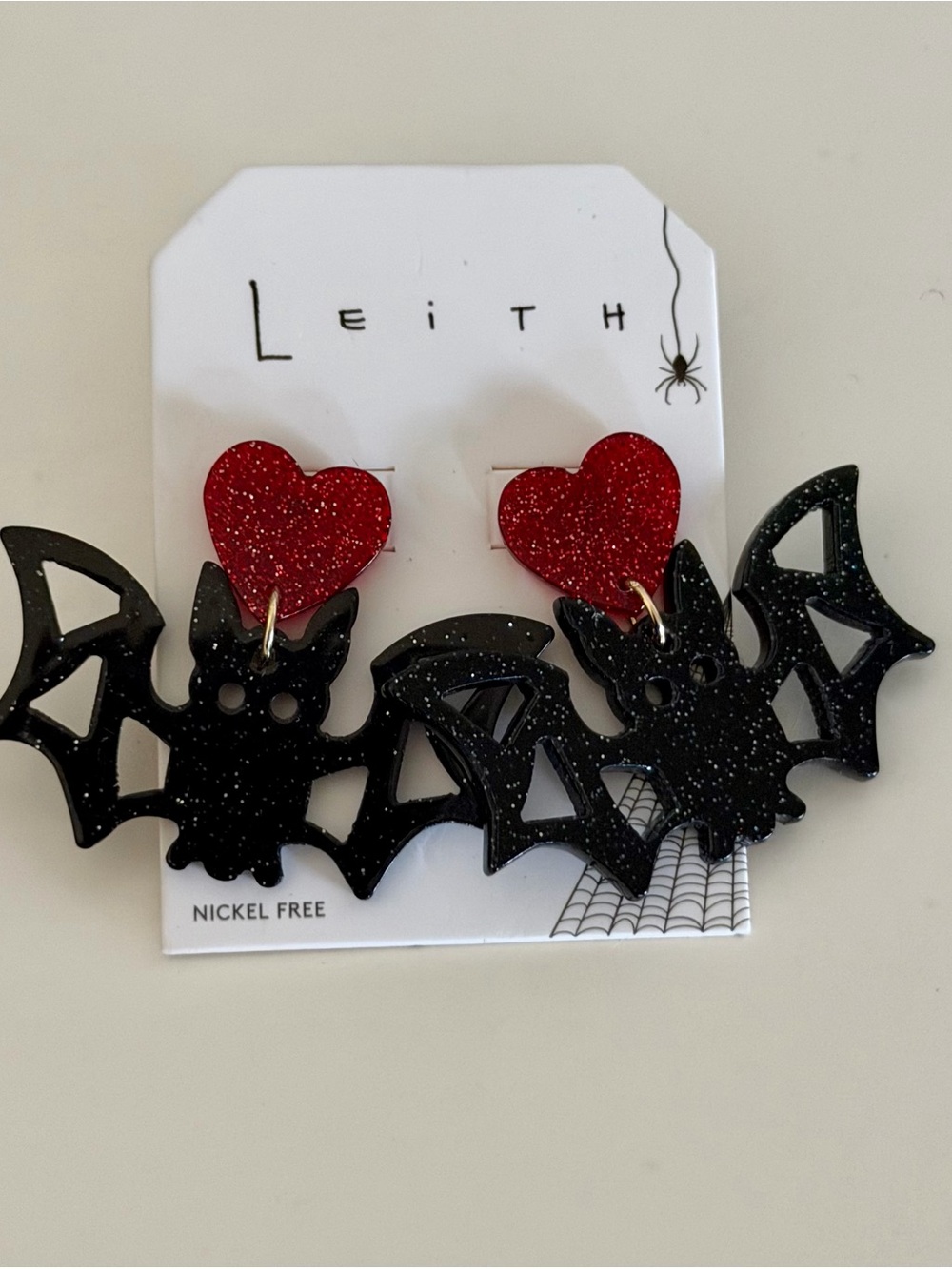 Leith Black and Red Glitter Bat Earrings with Red Heart Halloween New